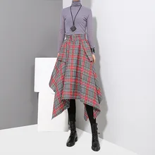 Осенняя новая Асимметричная юбка Корейская женская клетчатая юбка с высокой талией с поясом