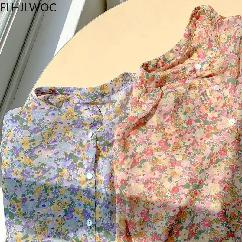 2021 Spring Prairie Chic Tops Blusas Girl Next Door Fashion Style Women Floral Print Chiffon Single Breasted Button Shirts 6