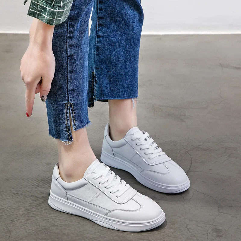 

2019 Spring Summer New Style WOMEN'S Genuine Leather Shoes Lace-up Versatile White Shoes Women's Full-grain Leather Casual Shoes