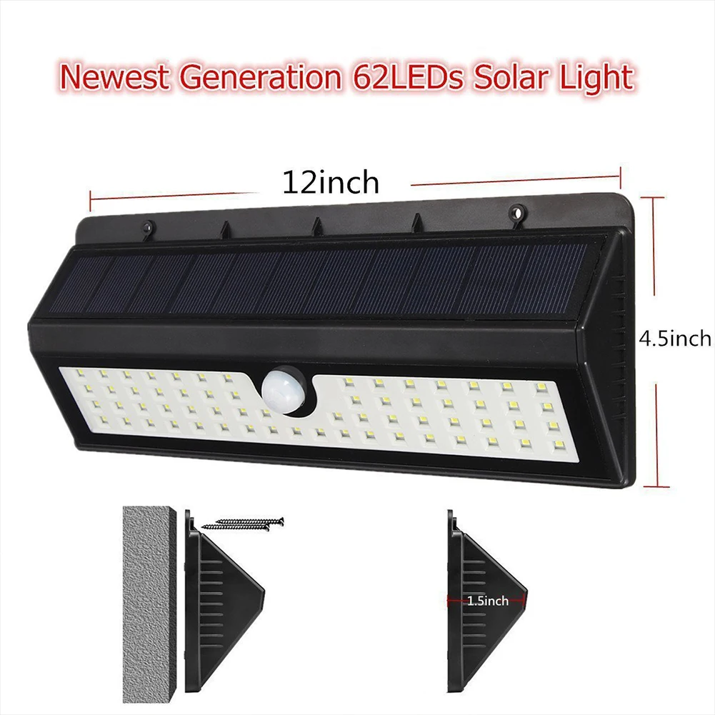 62LED Decoration Patio Solar Light Outdoor Garden Motion Sensor Super Bright Garage IP65 Waterproof Wide Angle Yard Pathway