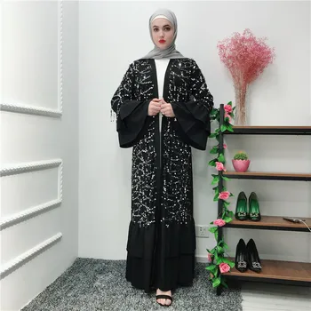 

Islamic Clothing Muslim Abaya Dress Women Flare Sleeve Ruffle Jibab Kimono Caftan Long Robe Elbise Sequin Dress Lace-up Jubah