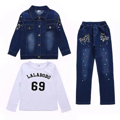 3pcs Set Комплекты для детей; джинсовая одежда для девочек; весенне-осенняя Спортивная одежда для детей; Повседневный джинсовый костюм с вышивкой; брюки с длинными рукавами; Одежда для девочек - Цвет: 3pcs Set