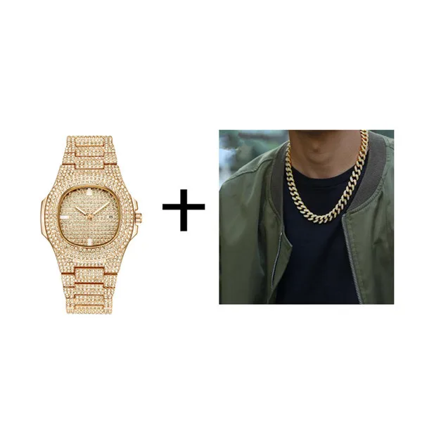 Watch and Chain 50cm Ожерелье+ часы+ браслет в стиле хип-хоп, кантри, кубинская цепочка, вымощенные стразы, CZ Bling Rapper для Мужчин, Ювелирные изделия - Окраска металла: Watch and Chain 50cm