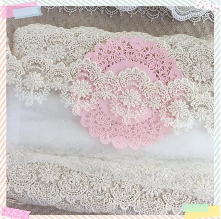 Lace Fabric Chiffon Lace Fabric 2 Meters Lace Trim Beige Cotton Flowers Embroidered Tulle Lace Fabric 13cm Width Doll Dress Underwear Costume DIY Craft Supplies