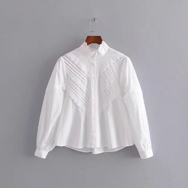 white blouse Звезда Светлячок дикий лацкане сплошной цвет фонарь рукав рубашка женская Повседневная Свободная кружевная поплин белая блузка для женщин - Цвет: white blouse