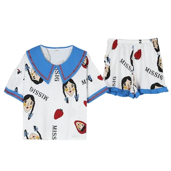 

princess style sleepwear lapel crew neck home clothes 100% pure cotton tops+nightwear shorts women pajamas sets pijamas mujer