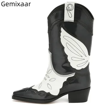 

Vintage Mixed Color Western Boots Women Little Square Toe Sewing Wing Mid-calf Winter Botas Mujer Slip-on Women Booties