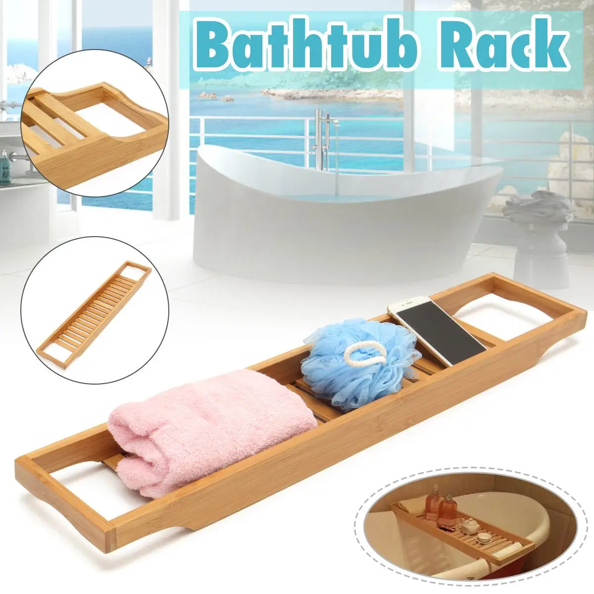

Bamboo Bathtub Tray Bath Tray Spa Bathtub Caddy Organizer Book Wine Tablet Holder Reading Rack