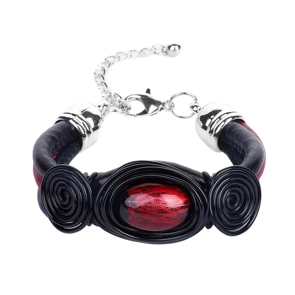 HanCheng Модный классический браслет ручной работы с кожаной проволокой массивный браслет с деревянными бусинами и браслеты для женщин ювелирные изделия - Окраска металла: red-bead black B