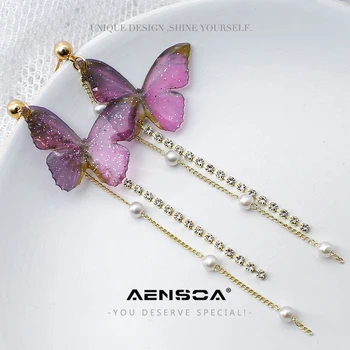 

AENSOA Korean Butterfly Imitation Acrylic Long Earrings Fashion Pearl Crystal Tassel Long Statement Earrings Jewelry Brincos
