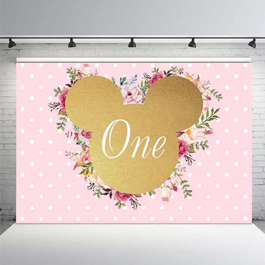 

Gold Pink Minnie Mickey Cute One Polka Dot Color Flowers Custom Photo Studio Background Backdrop Vinyl Photography Backdrops