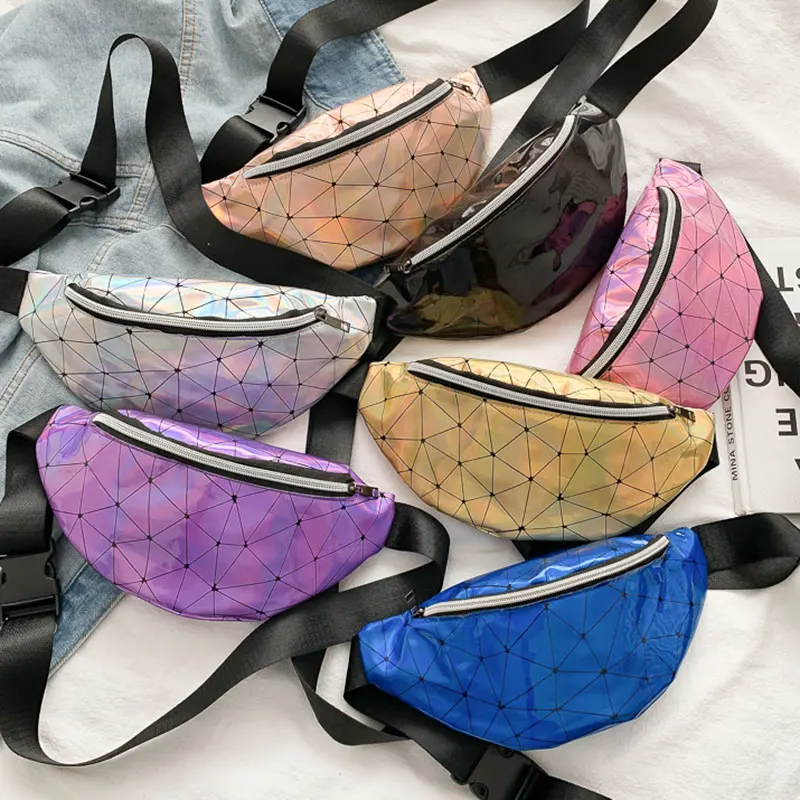 Голографическая сумка на поясном ремне Для женщин лазерной Fanny Pack женские голограмма женских сумок с ромбическим узором из PU искусственной кожи, в стиле «Хип сумка на пояс для вечерние для ночного клуба на каблуке