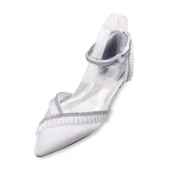 

Women Satin Crystals Wedding Flats for Bride Pointed Toe Ankle Buckle Strap Pleats Formal Party Dress Flat Shoes Women