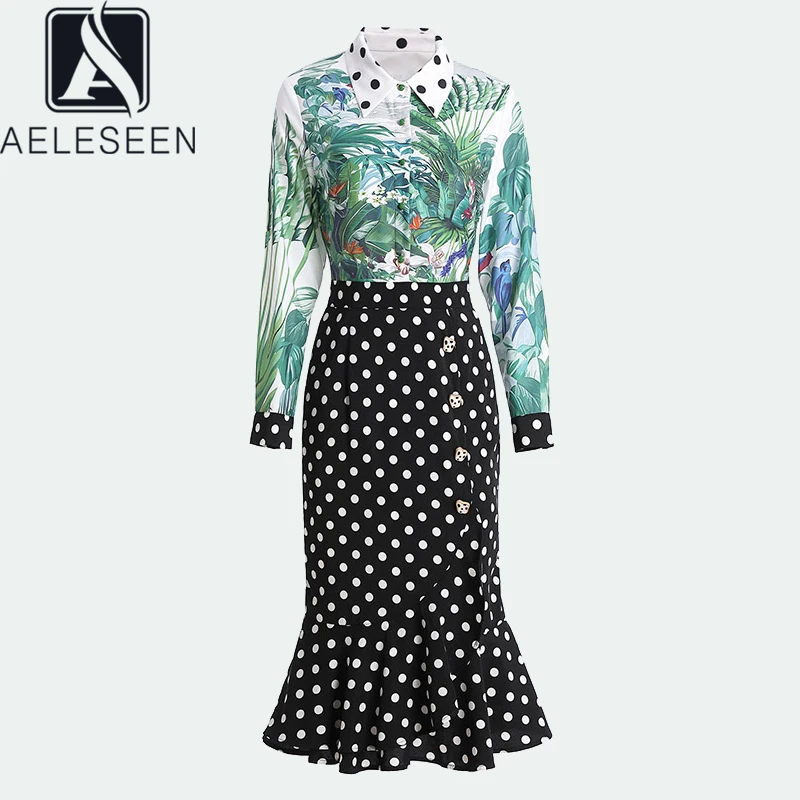 AELESEEN, подиумное модное женское платье-труба, с длинным рукавом, весна-осень, с цветочным принтом, в горошек, Русалка, миди, элегантное платье, Vestidos