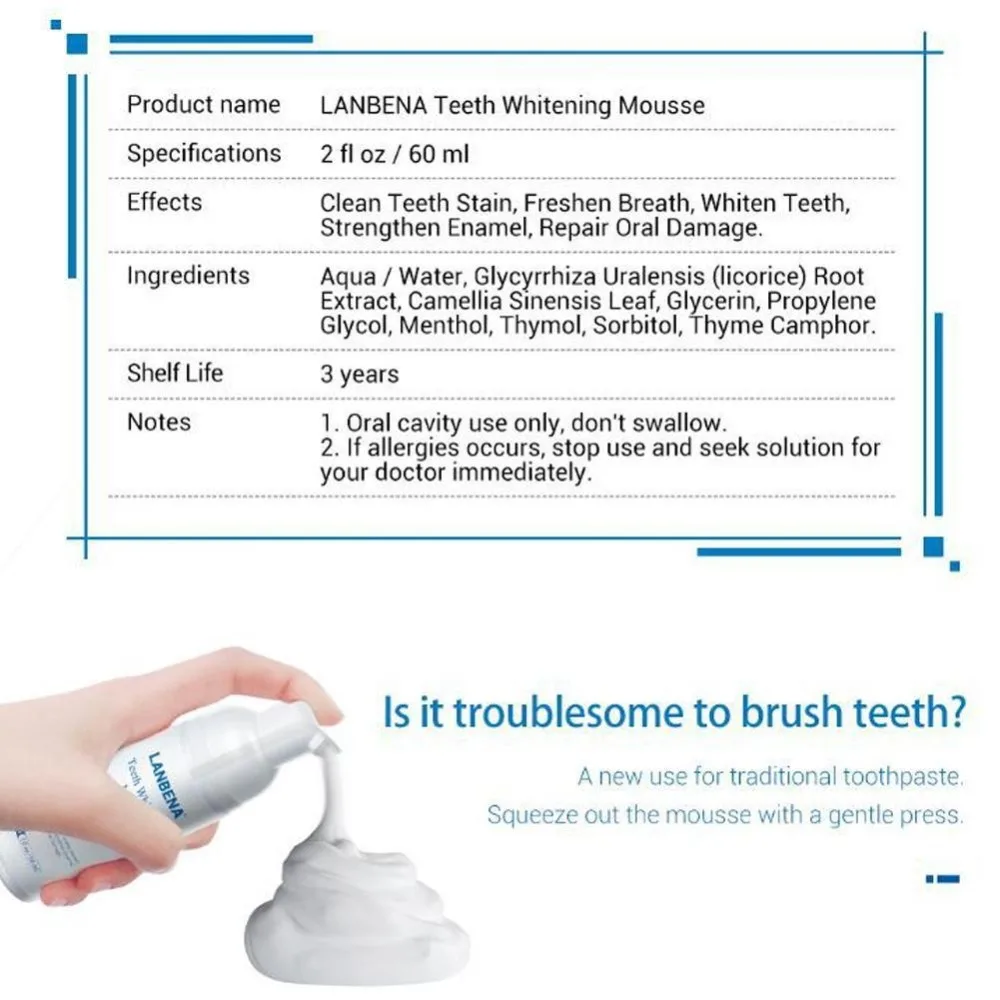 LANBENA отбеливающий мусс для отбеливания зубов, чистка белых зубов, гигиеническая зубная паста для отбеливания зубов, удаление пятен, стоматологический инструмент