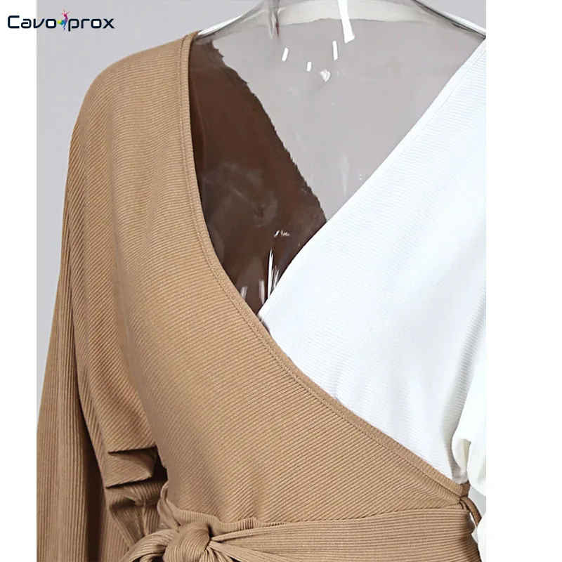 Women Colorblock Surplice Wrap Batwing Sleeve Ribbed Dress Long Sleeve Chic Elegant Spring Fall Bodycon Vestido