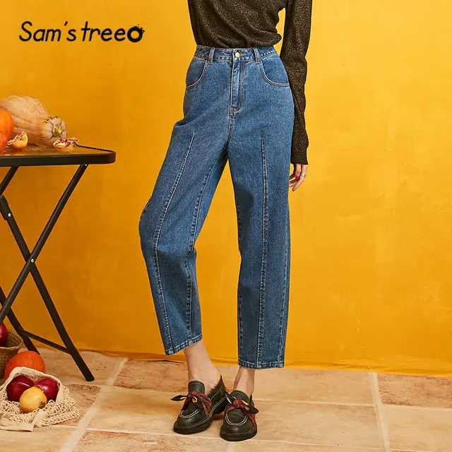 US $28.97 SAM'S TREE Dark Blue Solid High Waist Jeans Women 2019 Autumn Straight Washed Loose Casual Office L