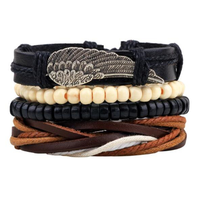 Stone Men Bracelet Multi-layer Handmade Weaved Punk Leather Rope Chain Stainless Steel Bangle Male Jewelry Gifts