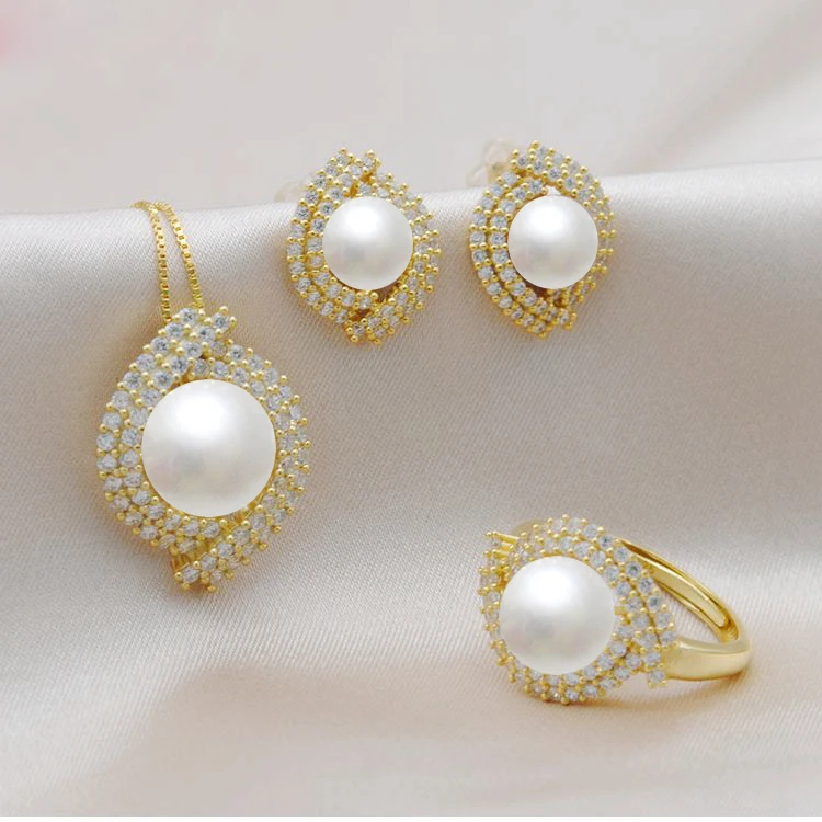 Golden set MeiBaPJ, настоящее 925 пробы, Серебряный цветок, Модный Ювелирный Набор, натуральный жемчуг, подвеска, кольцо, серьги, свадебные ювелирные изделия для женщин - Цвет камня: Golden set