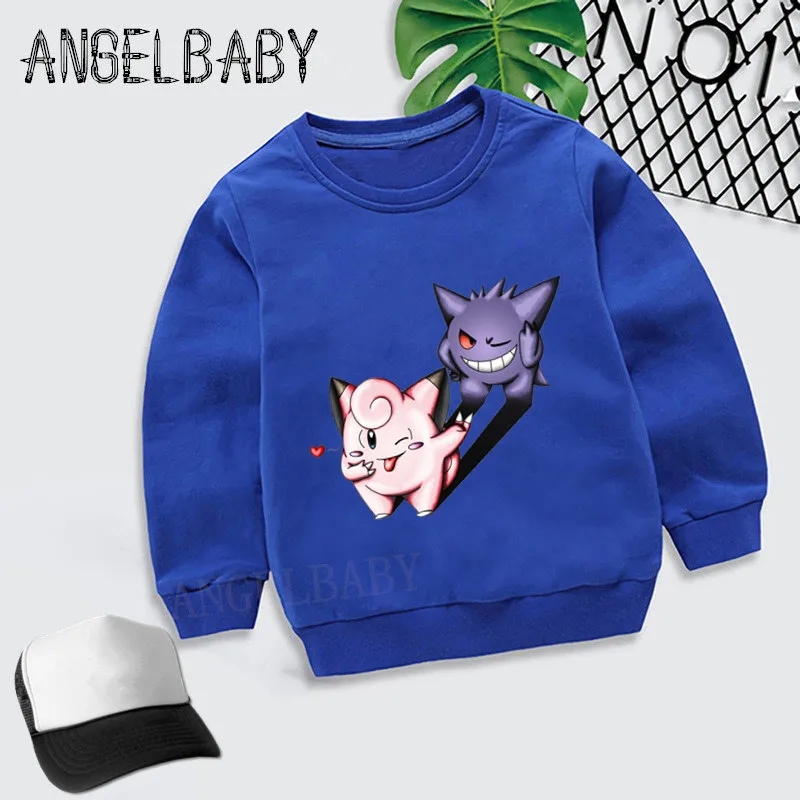 Дети покемон го Clefairy и Genga дизайн худи для мальчиков и девочек свитер детские осенние Топы, Детская Хлопковая одежда KYT5101