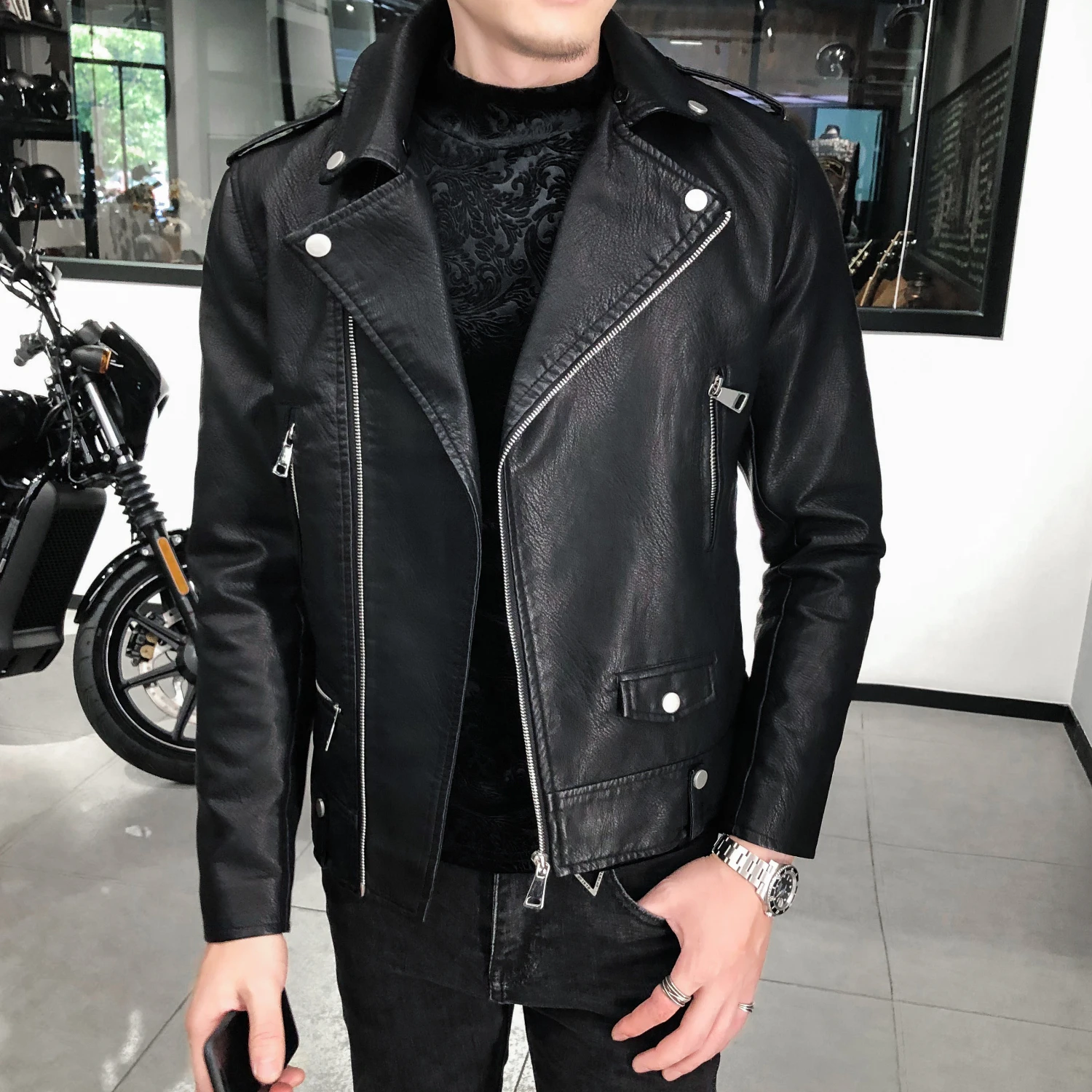 Korean Style Chaquetas Hombre Motorradjacke Zipper Lapel Leather Jacket Top  Casual Black Pu Chaqueta Cuero Men Slim Leather Coat - AliExpress Men's  Clothing