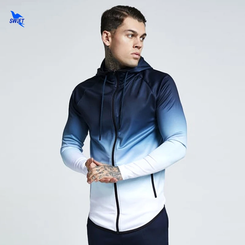 

Autumn Gradient Gym Sport Hooded Jacket Men Quick Dry Running Hoodies Zipper Workout Training Sweatshirt Jogger Cardigan Clothes