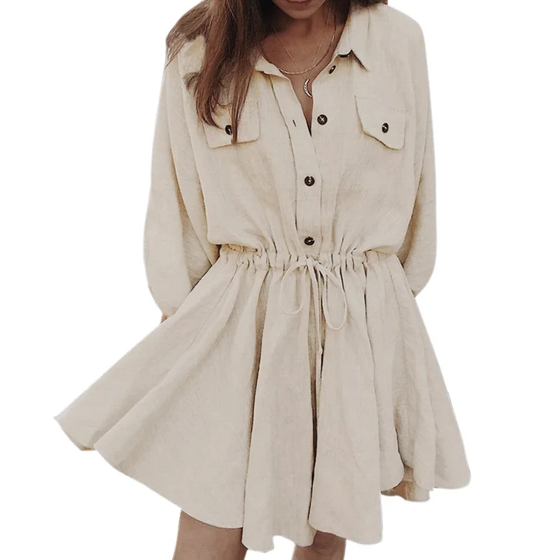 

Women Fashion Lace-up Lapel Dress Casual Solid Color All-match Loose Half-sleeve Dresses 2019 Autumn New Button Women Dress