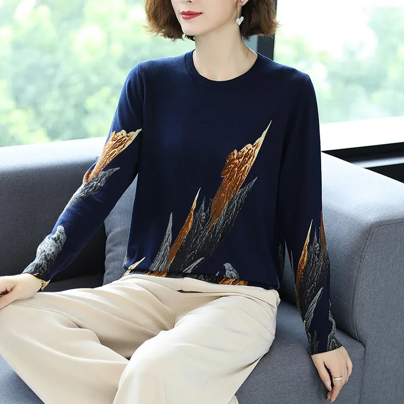 

2020 Autumn Winter Casual Knitted Sweater Women Pullover Sweaters Loose Jumper O neck Long sleeve Printed sweater Women