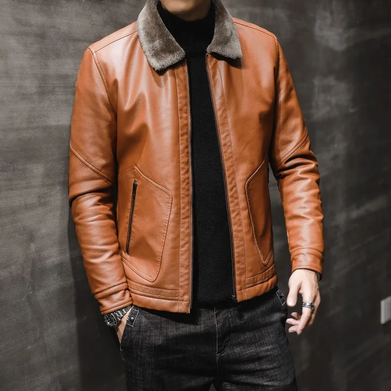 

Winter Leather Coat Men's 2019 New Style Middle-aged Fold-down Collar Brushed And Thick Fur Large Size MEN'S Leather Jacket Fash