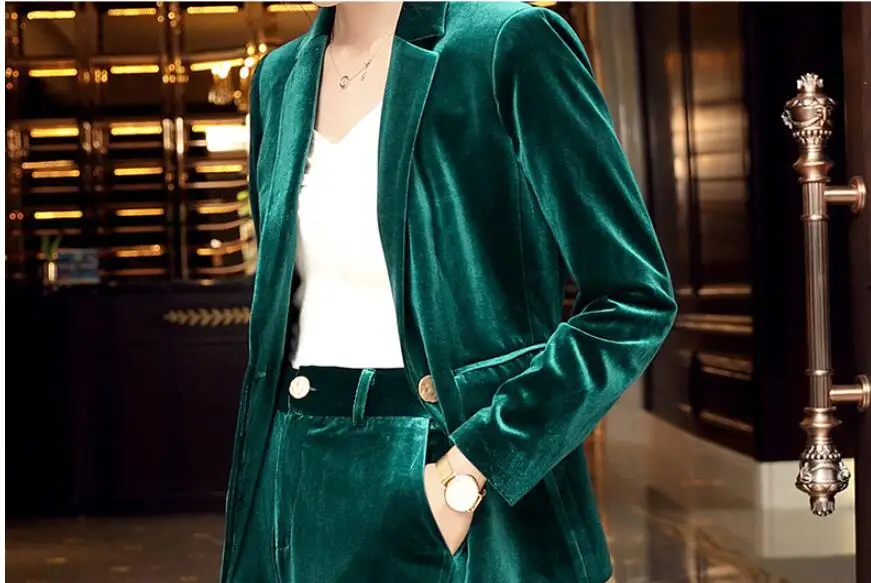 Зеленый бархатный блейзер для женщин, плюс размер, на одной пуговице, для офиса, бархатные блейзеры и куртки для девушек, элегантный, полный рукав, пиджак 4xl