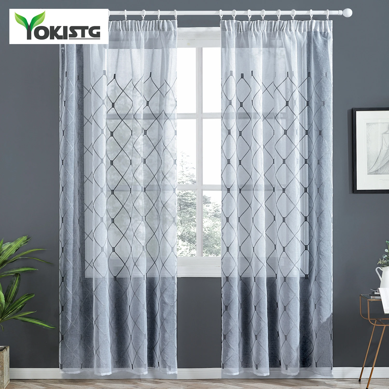 

YokiSTG Embroidered Geometric Sheer Curtains For Living Room Kitchen Bedroom Cafe Voile Tulle Window Treatment Curtains
