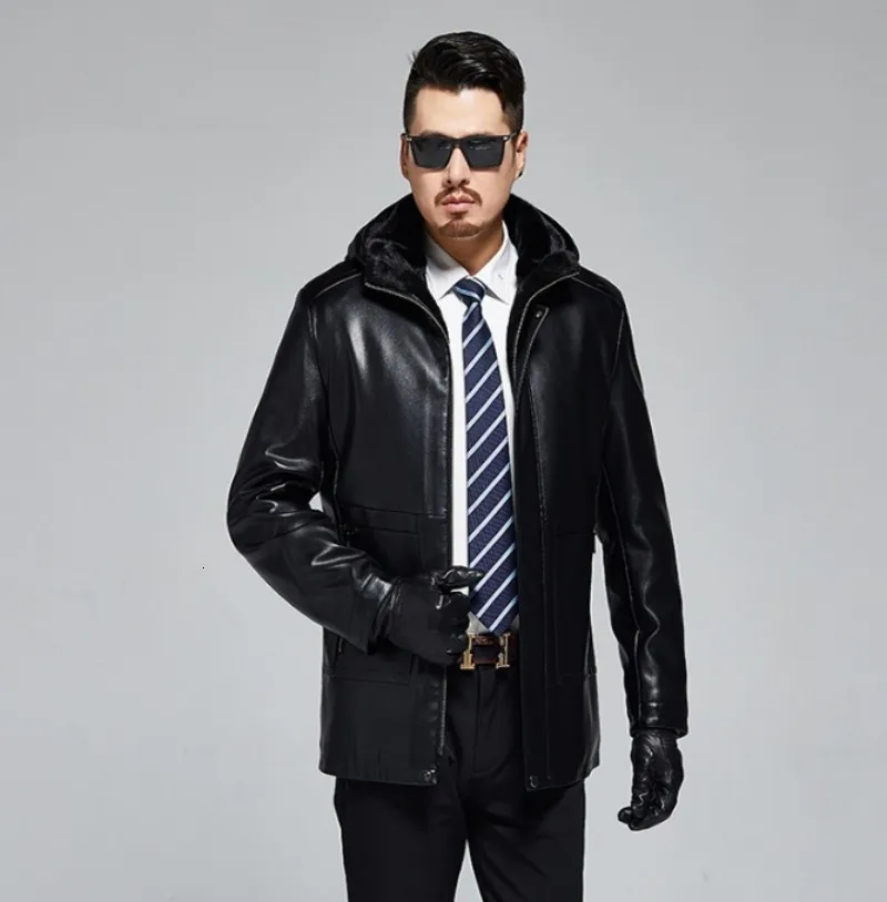 Winter High Quality Pu Leather Jacket Men Hoody Fur Lining Warm Coat Business Casual Outwear Overcoat Slim Fit Jackets Big Size