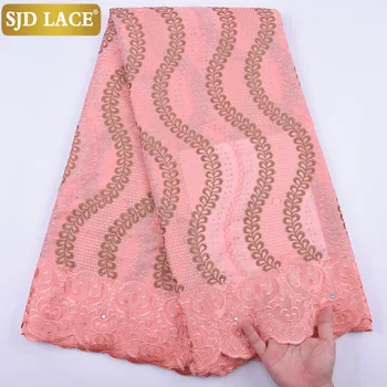 

SJD LACE Peach African Dry Lace Fabric With Stones Swiss Voile Lace In Switzerland Eyelet Holes Cotton For Wedding MaterialA2008
