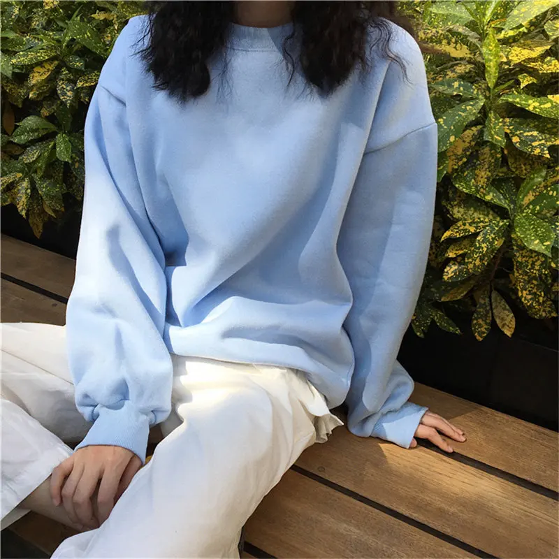 BGTEEVER Однотонный женский свитер с круглым вырезом, утепленные женские толстовки, свободные пуловеры, толстовка, повседневный женский спортивный костюм Harajuku 201 - Цвет: light blue