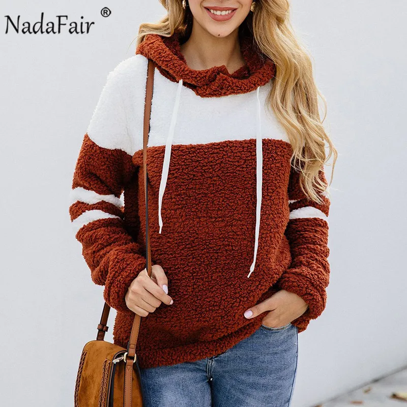 Nadafair пушистая флисовая худи свободного кроя из толстый теплый жилет из искусственного меха в стиле пэчворк Повседневное с капюшоном свитер для женщин, пуловер, верхняя одежда - Цвет: Caramel