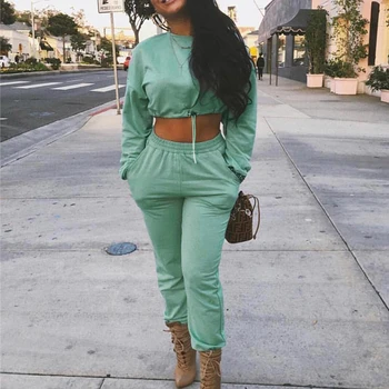 

Long Sleeve Women Two Piece Sets 2019 Autumn Winter O Neck Crop Top With Pants Solid Tracksuits Casual Club Sexy 2PCS Outfits