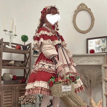 

New Mediaeval Vintage Style Lace-up Loliat Dress Women Long Sleeve Elegant Dress Adult Girls Little Red Riding Hood Dress OP