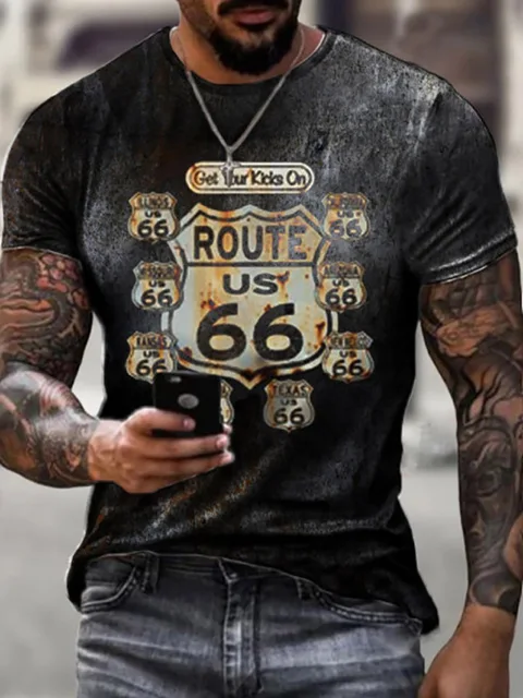 Printed T-shirt 3d Men's Short Sleeve Oversized Clothing Vintage New Summer Fashion American 66 Pattern O Collar Loose T-shirt 6 5