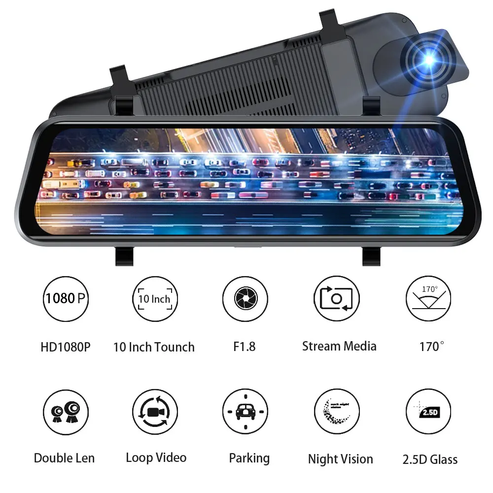 

VEHEMO 10 inch HD 1080P IPS 2.5D Touch Screen Car DVR Dash Camera Dual Lens Video Recorder Rearview mirror Gravity Sensor