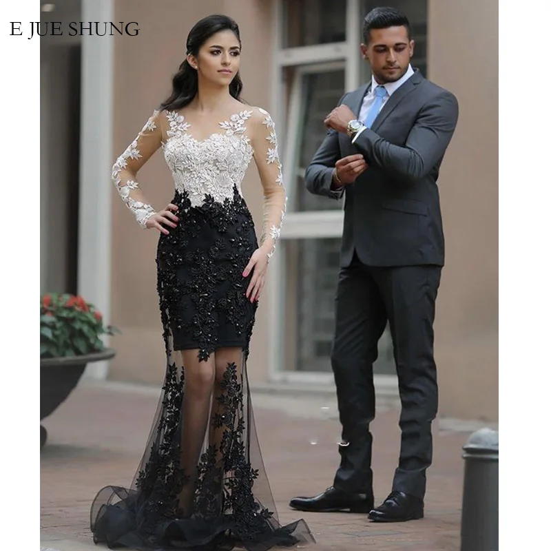 

E JUE SHUNG White and Black Mermaid Wedding Dresses Pearls Long Sleeves Bride Dresses Wedding Bridal Gowns