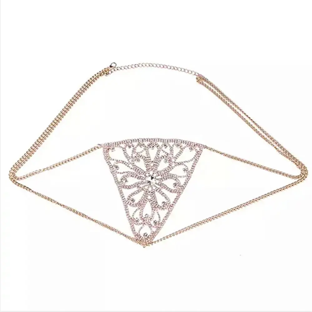 Exclusive Design Sexy Body Accessories Luxury Rhinestone Leaf Underwear Thong Panties Crystal Body Jewelry Waist Chain for Women - Окраска металла: Folwer Gold