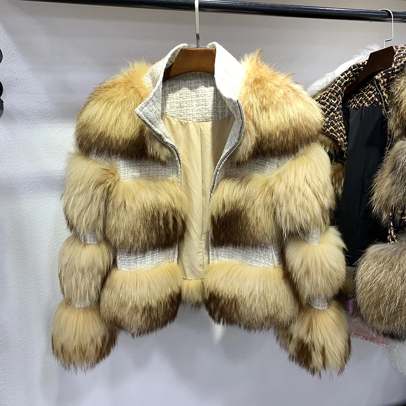 Light Gold Rf1930B Мода Полный Пелт молния с длинным рукавом зимняя куртка из натурального меха енота пальто в полоску для женщин - Цвет: Light Gold
