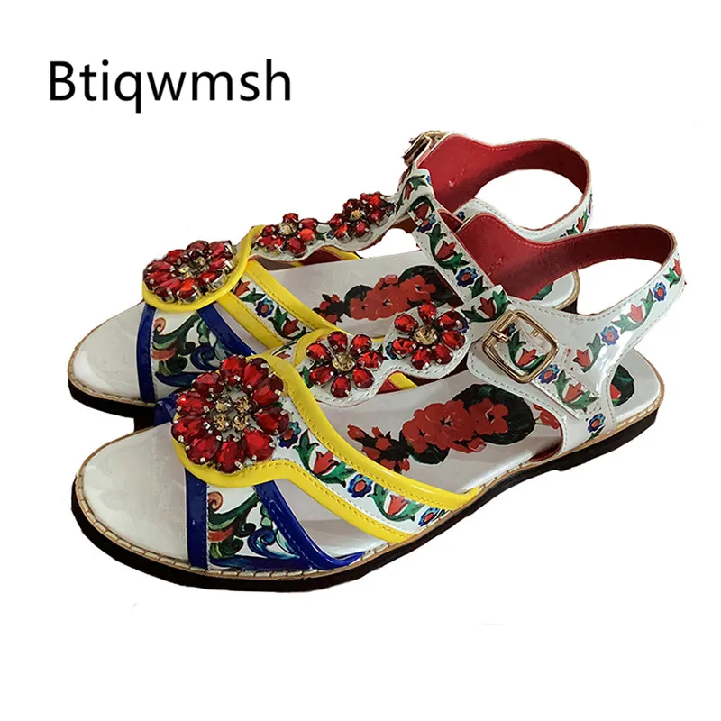 

2019 Luxury Design Rhinestone Sandals Women Peep Toe Crystal Flower Mixed Color T-strap Flat Shoes Woman Fashion Wedding Shoes