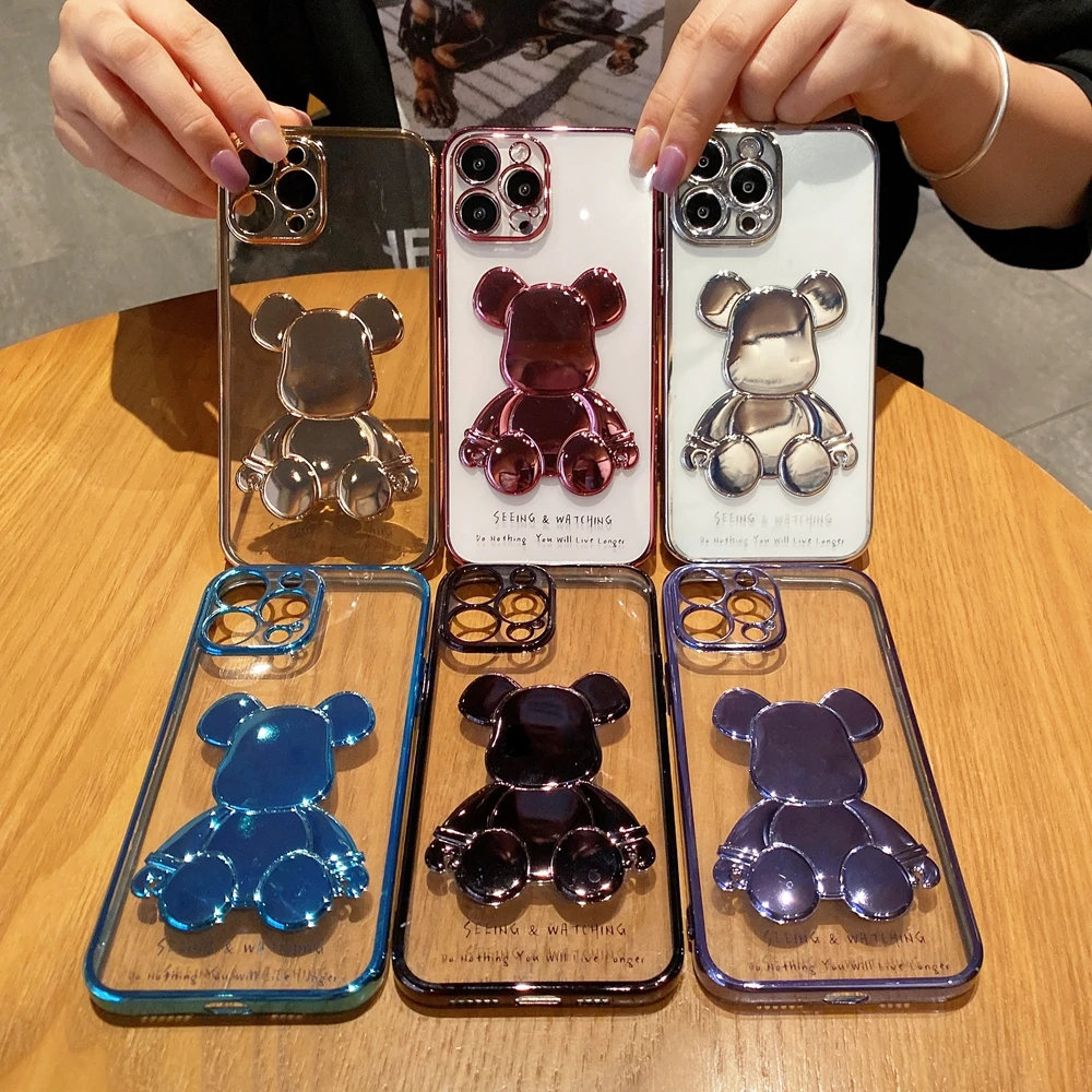 Cute Bear Plating Phone Case for iPhone 13 12 11 Pro Max X Xs Xr 8 7 Plus SE 2020 Transparent Silicone Lens Protection Cover