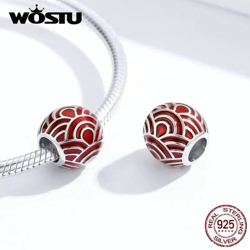 WOSTU 925 пробы серебра китайский красный бисер фонарь, с надписью "Lucky Charm", подходят к оригинальному браслету кулон год подарок ювелирные изделия CTC133