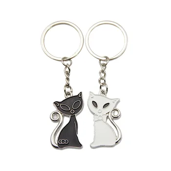 

FREE SHIPPING by FEDEX 100pairs/lot Lovely Black and White Cat Couple Keychains Metal Cat Couple Keyrings for Lovers Gifts