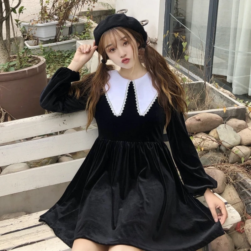 

Japanese Lolita style dress Autumn Korean college wind cute doll collar long-sleeved dress women small black dress