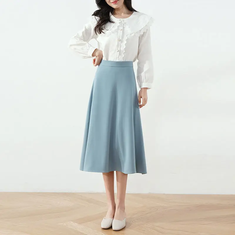 long skirts for women 2021 Spring Summer Women's Korean Blue Black Long Skirts Women High Waist Pleated Skirt Office Lady Jupe Femme Faldas Saia Y398 pink skirt Skirts