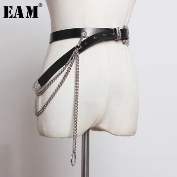 

[EAM] Pu Leather Black Chain Split Joint Long Belt Personality Women New Fashion Tide All-match Spring Autumn 2020 1K144