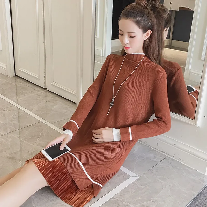 

Solid Color Dress Women Autumn Long Sleeve Pullover Dress Bottom Stitching Midi Dresses Ruffled Vestidos femme